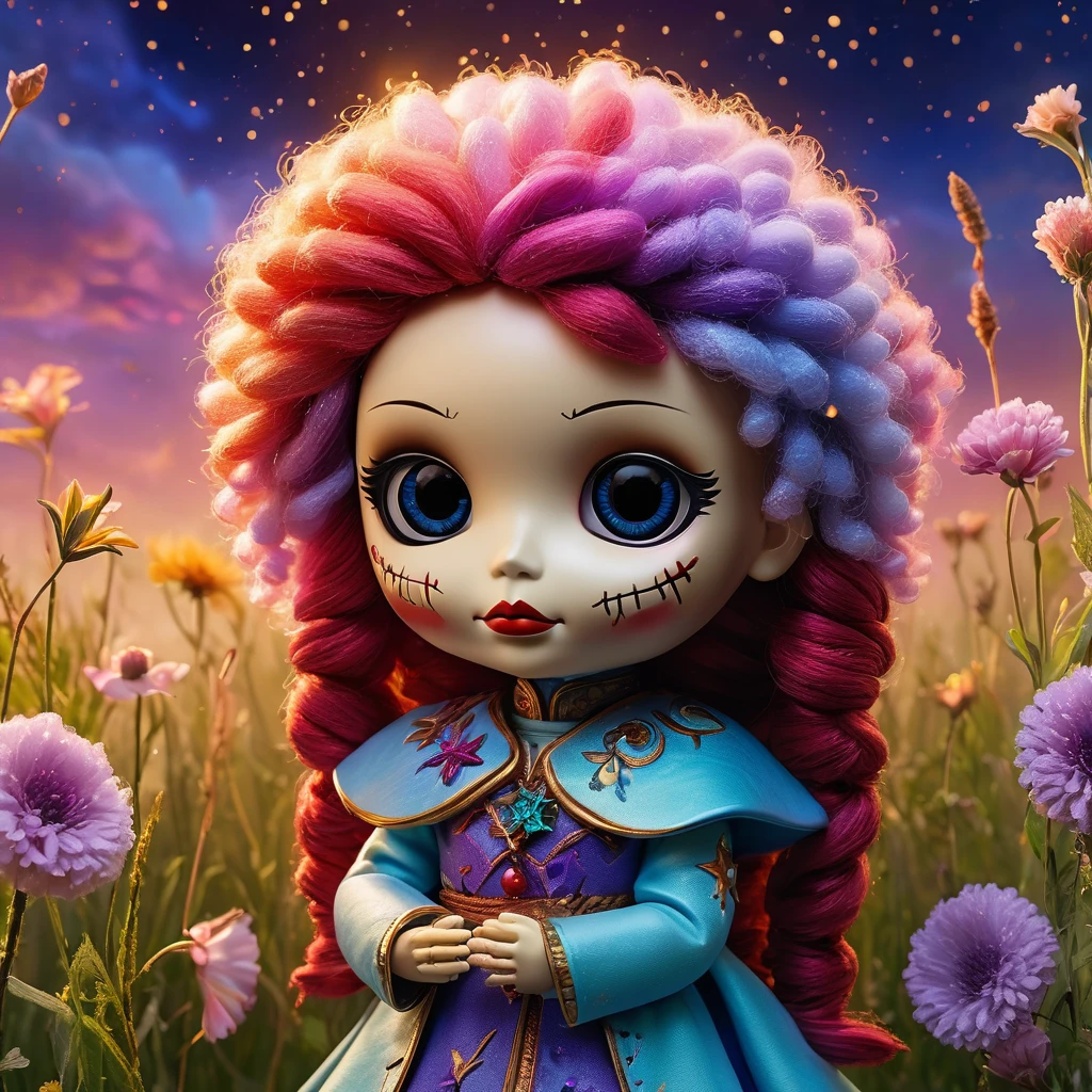 (knitted toy voodoo doll:1.7), (Voodoo Guardian of Enchanted Dawn:1.8), (Clothing: robes of sunrise hues and ethereal morning mists, adorned with dewdrops and shimmering auroras:1.5), (Accessories: staff glowing with the first light of dawn, amulet of dawn's awakening, mask reflecting the colors of daybreak:1.7), (background: magical meadow at dawn with flowers blooming under a painted sky, where the air is filled with the promise of new beginnings:1.6), best quality, masterpiece, detailed soft oil painting, detailed background, dramatic cinematic lighting, soft edge lighting, professional, dramatic lighting, hard edge lighting, ultra quality, 4k,masterpiece, best quality, 8k, ultra highres, highres, extremely detailed