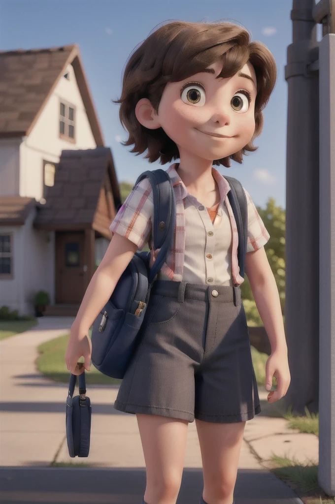 Short hair girl going to school with her backpack leaving her house