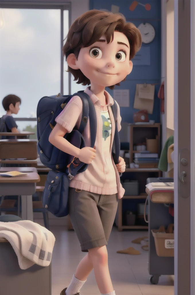 Short hair girl going to school with her backpack leaving her house 