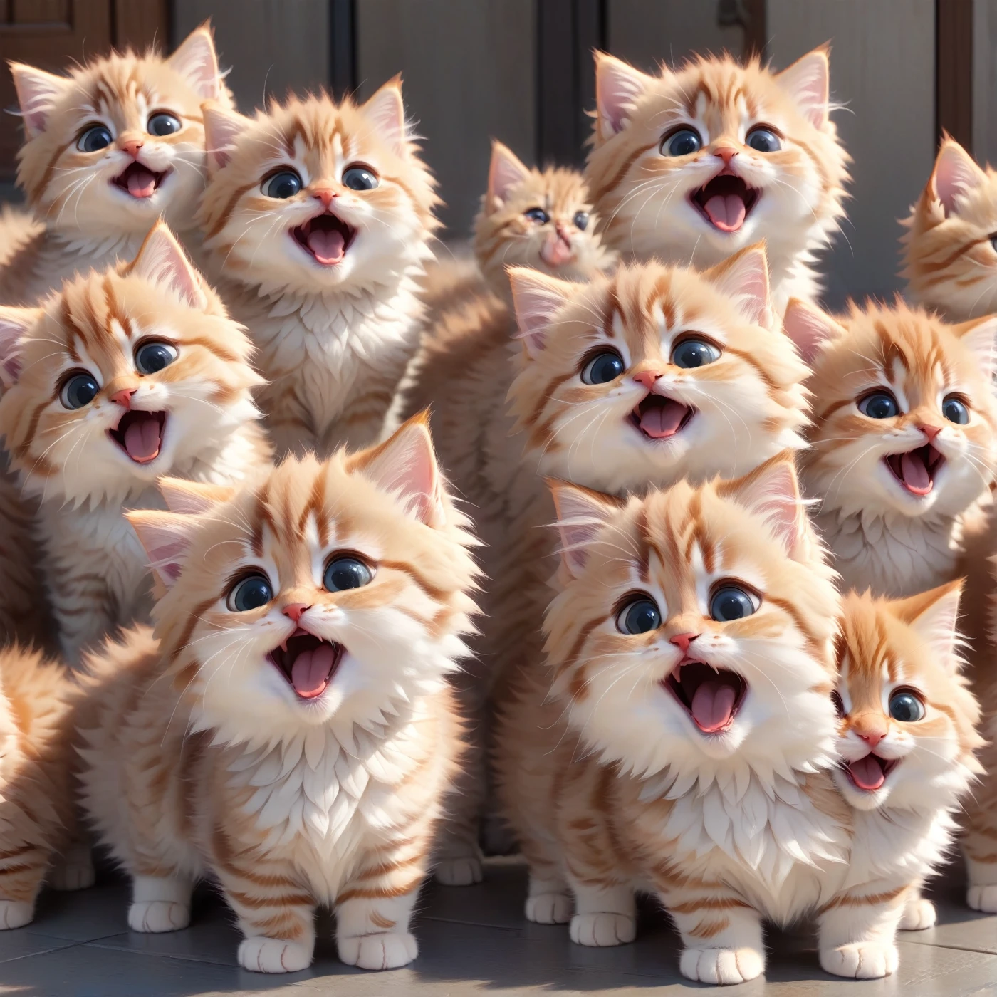 Modison Disney, There are lots of cute fluffy kittens lined up, Adorable, Cute little open mouth, Happy expression, Random hair color, Very detailed, Complex, high quality, High resolution