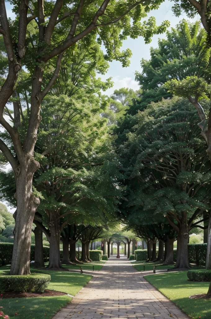 An idyllic residential complex with numerous grand trees, lush gardens, and neatly manicured streets. The serene setting is brought to life in vivid detail: towering oaks with twisting branches, vibrant flower beds bursting with color, and spotless pathways lined with neatly-trimmed hedges. This picturesque scene, whether captured in a painting or photograph, exudes a sense of tranquility and beauty that is truly captivating.