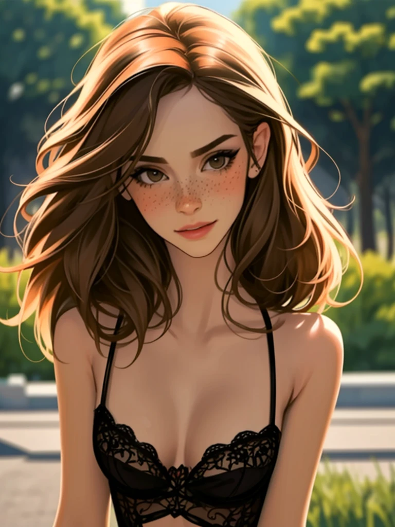 (Masterpiece, best quality, photorealistic, highres, photography:1.3), close-up portrait, sharp focus, 1 brunette girls, European fashion models, flawless skin, slim feminine appearance, flat abdomen, slender abs, cleavage, messy long hair, detailed hair strands, delicate sexy face, allure look, ((detailed makeup)), outdoor fashion photoshoot, standing pose, ((realistic, ultra realistic, realism, realistic detail)), freckles, blush, brown hair with blonde streaks