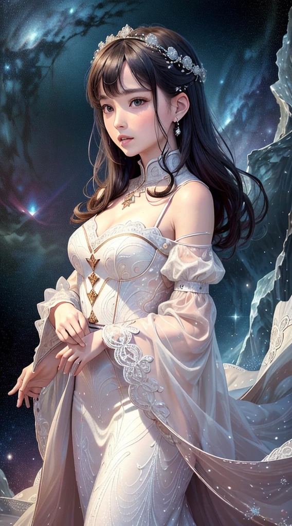 Image of Gemini,Starry sky in the background(masterpiece, Highest品質, Highest, Official Art, beautifully、aesthetic, Smooth movement, Attractive patterns, 1 Girl,Long dress with sleeves,White clothes, Upper Body close-up, Chinese Girl, blush, Black lob hair, Portraiture, alone, Upper Body,View from the front, Detailed Background, Detailed face