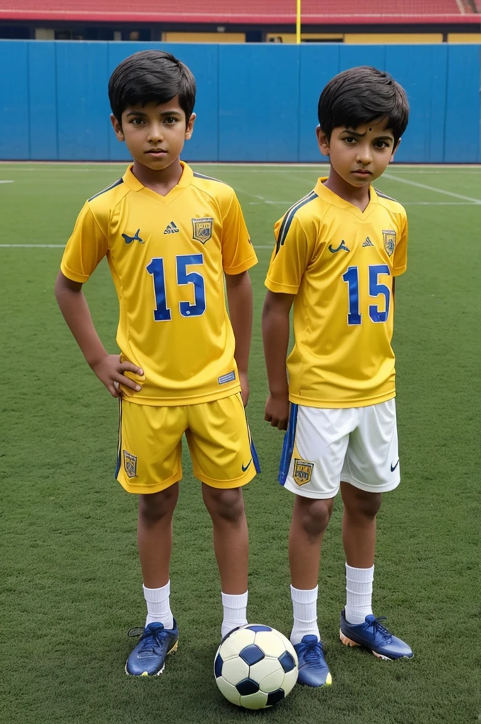 i want back look of two boys wearing football kit and standin wearing a football yellow jersey name written of first boy is keshav and numbar is 2 and second boy name is ashutosh and number 15 standing on football turf