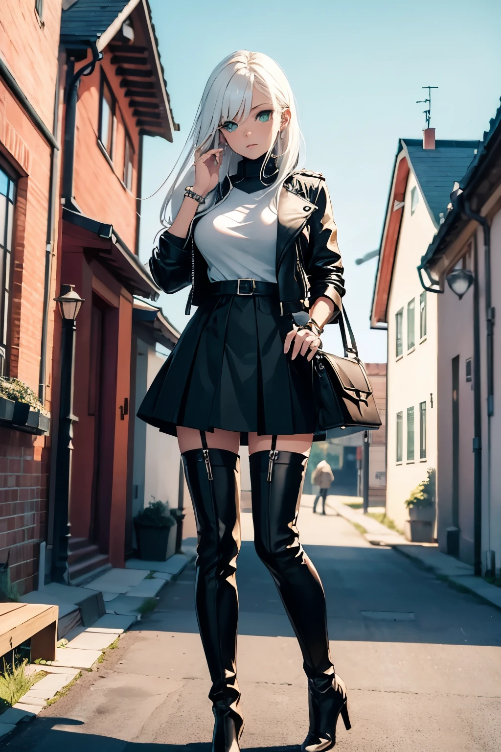 Super ultra quality, young woman, high, bright skin, White hair, leather jacket, slim, topic, skirt,black thigh-high boots,Green eyes, Autumn, bracelets,Height,costs,Medium breasts,very detailed,Simple details,8K quality,Well drawn,legs,heels,boots,sexy,outside,ring,chubby thighs.
On the background,Swedish city,Houses,wooden,Dark,oak.