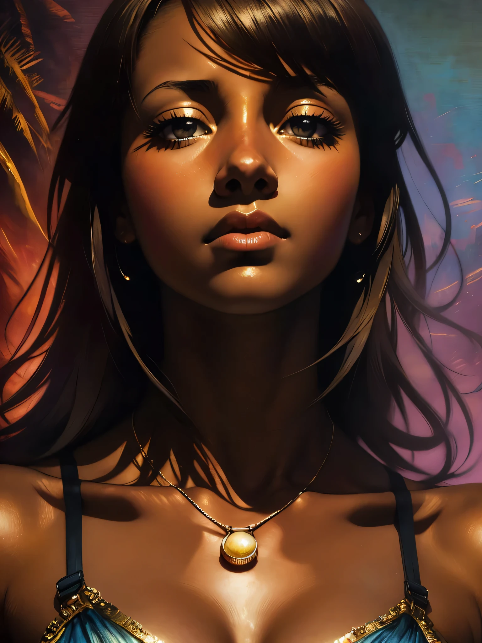 ((Solo Beautiful Carribean woman with dark skin and striking eyes)),  shadowed interior background, art by akihiko yoshida, manga art style, colorfield illustration, scary atmosphere, global illumination, by frank frazetta, art by goro fujita, glamor shot, banner, blur, anime key visual, (blue, yellow and gray colors), photorealistic dramatic anime girl, intricately detailed, chiaroscuro, pino daeni, impressionist (best quality, masterpiece)