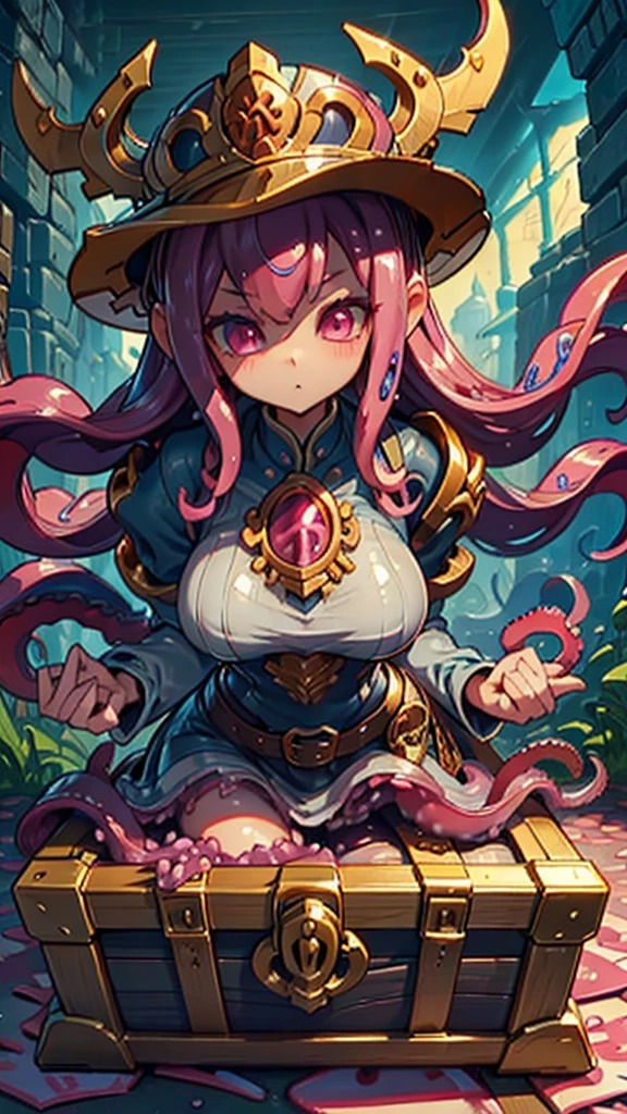 Treasure Box Monster女孩，Fantasy style background，Dungeon Background，The lower body is a box的女孩，Close-up above the waist，Upper body close-up，full身材，full体态，Big breasts，Big breasts，cute，full，Girl with a treasure chest in her lower body，Tentacles，Tentacles，Tentacles，Tentacles，Tentacles头发，装满Tentacles的宝箱，Dungeon Background，Pink skin，粉色Tentacles头发，Pink Hair，Gummy，Mucus质感头发，Slime textured hair，Slime texture body，Pink body，Pink body，Pink skin，Pink complexion，Dungeon Background，装满Tentacles的宝箱，Tentacles怪宝箱，Treasure Box Monster，Treasure Box Monster女孩，The lower body is a treasure chest，Treasure Chest Lower Body，Put the lower body in the treasure chest，The lower body is a box，Treasure Box Monster，Treasure Box Monster，Treasure Box Monster，Treasure Box Monster，Girl in a treasure chest，下半身Girl in a treasure chest，Tentacles，Tentacles，Tentacles怪，Tentacles头发，Mucus，Tentacles头发