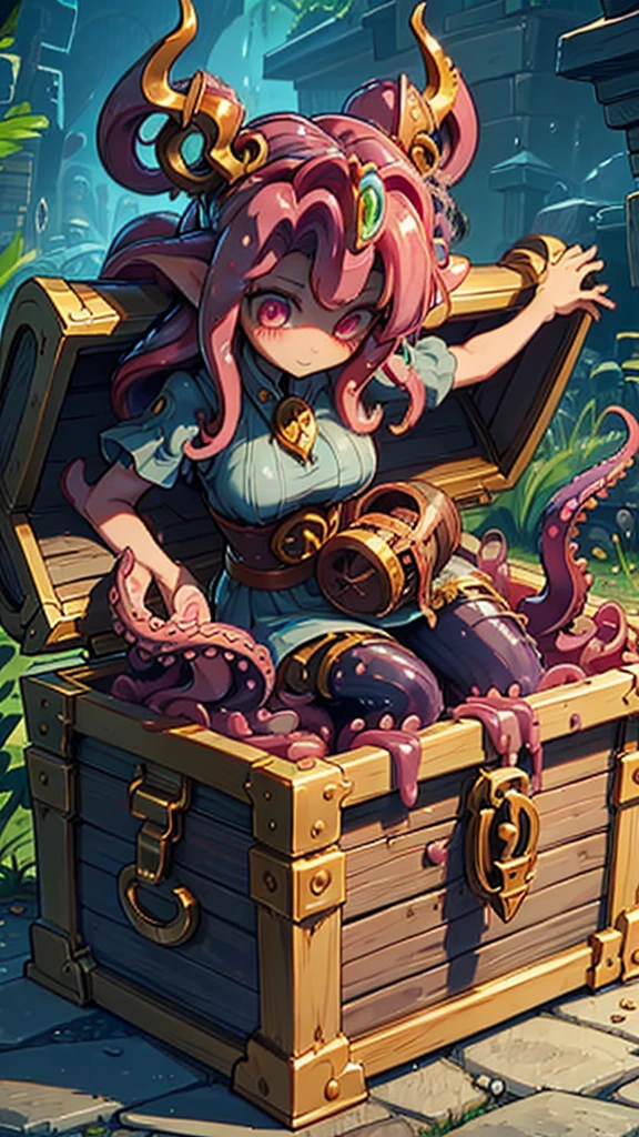 Treasure Box Monster女孩，Fantasy style background，Dungeon Background，The lower body is a box的女孩，Close-up above the waist，Upper body close-up，full身材，full体态，Big breasts，Big breasts，cute，full，Girl with a treasure chest in her lower body，Tentacles，Tentacles，Tentacles，Tentacles，Tentacles头发，装满Tentacles的宝箱，Dungeon Background，Pink skin，粉色Tentacles头发，Pink Hair，Gummy，Mucus质感头发，Slime textured hair，Slime texture body，Pink body，Pink body，Pink skin，Pink complexion，Dungeon Background，装满Tentacles的宝箱，Tentacles怪宝箱，Treasure Box Monster，Treasure Box Monster女孩，The lower body is a treasure chest，Treasure Chest Lower Body，Put the lower body in the treasure chest，The lower body is a box，Treasure Box Monster，Treasure Box Monster，Treasure Box Monster，Treasure Box Monster，Girl in a treasure chest，下半身Girl in a treasure chest，Tentacles，Tentacles，Tentacles怪，Tentacles头发，Mucus，Tentacles头发