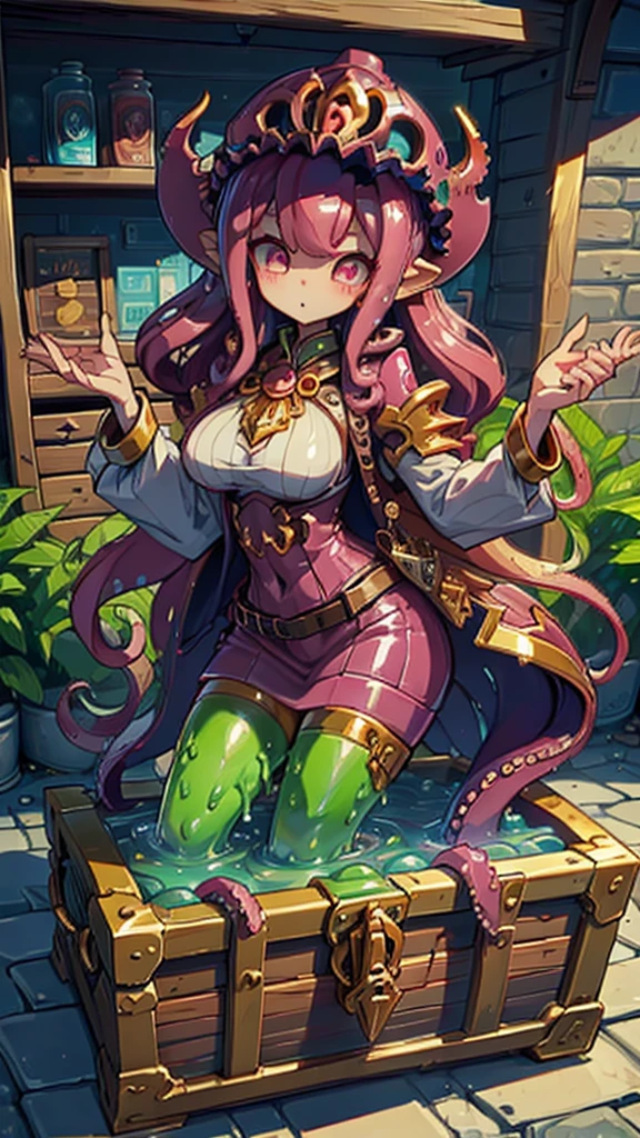 Treasure Box Monster女孩，Fantasy style background，Dungeon Background，The lower body is a box的女孩，Close-up above the waist，Upper body close-up，full身材，full体态，Big breasts，Big breasts，cute，full，Girl with a treasure chest in her lower body，Tentacles，Tentacles，Tentacles，Tentacles，Tentacles头发，装满Tentacles的宝箱，Dungeon Background，Pink skin，粉色Tentacles头发，Pink Hair，Gummy，Mucus质感头发，Slime textured hair，Slime texture body，Pink body，Pink body，Pink skin，Pink complexion，Dungeon Background，装满Tentacles的宝箱，Tentacles怪宝箱，Treasure Box Monster，Treasure Box Monster女孩，The lower body is a treasure chest，Treasure Chest Lower Body，Put the lower body in the treasure chest，The lower body is a box，Treasure Box Monster，Treasure Box Monster，Treasure Box Monster，Treasure Box Monster，Girl in a treasure chest，下半身Girl in a treasure chest，Tentacles，Tentacles，Tentacles怪，Tentacles头发，Mucus，Tentacles头发