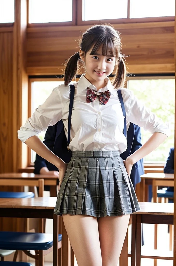 girls taking off skirt in sunny wooden school classroom,white shirt with plaid bow tie,white thong,18-year-old,bangs,a little smile,thighs,knees,short hair with low pigtails bunches,from beside,front light