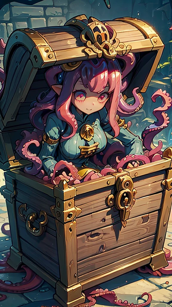 Treasure Box Monster女孩，Fantasy style background，Dungeon Background，The lower body is a box的女孩，Close-up above the waist，Upper body close-up，full身材，full体态，Big breasts，Big breasts，cute，full，Girl with a treasure chest in her lower body，Tentacles，Tentacles，Tentacles，Tentacles，Tentacles头发，装满Tentacles的宝箱，Dungeon Background，Pink skin，粉色Tentacles头发，Pink Hair，Gummy，Mucus质感头发，Slime textured hair，Slime texture body，Pink body，Pink body，Pink skin，Pink complexion，Dungeon Background，装满Tentacles的宝箱，Tentacles怪宝箱，Treasure Box Monster，Treasure Box Monster女孩，The lower body is a treasure chest，Treasure Chest Lower Body，Put the lower body in the treasure chest，The lower body is a box，Treasure Box Monster，Treasure Box Monster，Treasure Box Monster，Treasure Box Monster，Girl in a treasure chest，下半身Girl in a treasure chest，Tentacles，Tentacles，Tentacles怪，Tentacles头发，Mucus，Tentacles头发