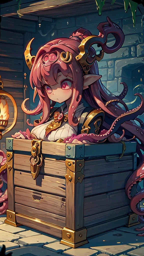 Treasure Box Monster女孩，Fantasy style background，Dungeon Background，The lower body is a box的女孩，Close-up above the waist，Upper body close-up，full身材，full体态，Big breasts，Big breasts，cute，full，Girl with a treasure chest in her lower body，Tentacles，Tentacles，Tentacles，Tentacles，Tentacles头发，装满Tentacles的宝箱，Dungeon Background，Pink skin，粉色Tentacles头发，Pink Hair，Gummy，Mucus质感头发，Slime textured hair，Slime texture body，Pink body，Pink body，Pink skin，Pink complexion，Dungeon Background，装满Tentacles的宝箱，Tentacles怪宝箱，Treasure Box Monster，Treasure Box Monster女孩，The lower body is a treasure chest，Treasure Chest Lower Body，Put the lower body in the treasure chest，The lower body is a box，Treasure Box Monster，Treasure Box Monster，Treasure Box Monster，Treasure Box Monster，Girl in a treasure chest，下半身Girl in a treasure chest，Tentacles，Tentacles，Tentacles怪，Tentacles头发，Mucus，Tentacles头发