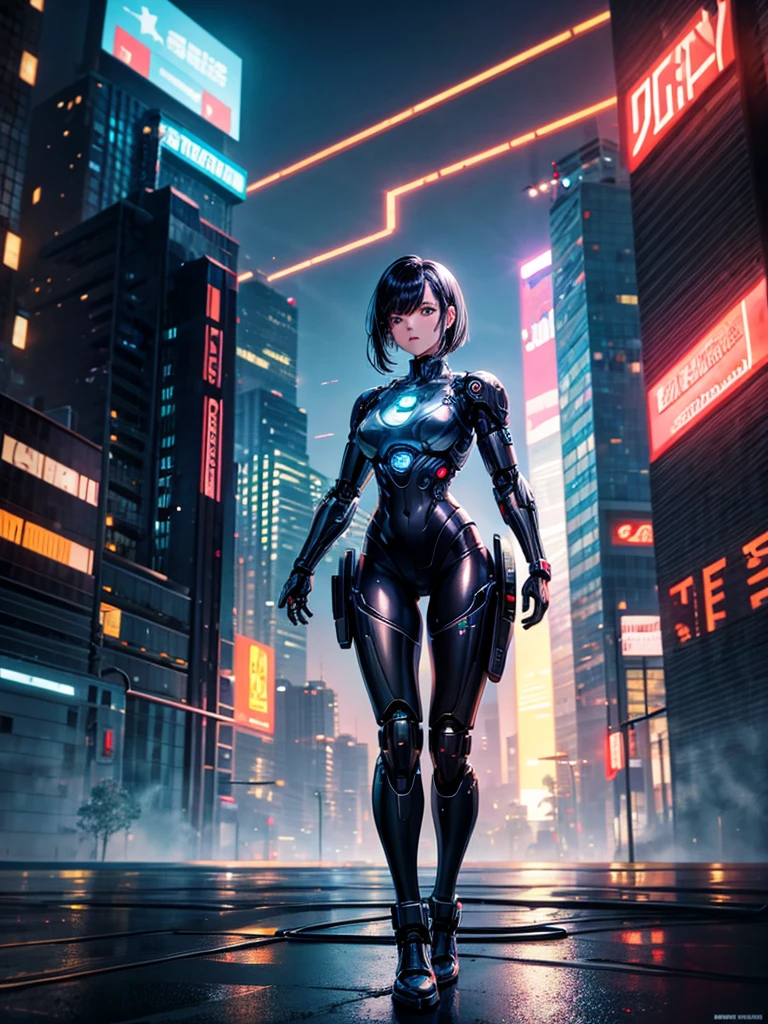 Highest quality,Highest Resolution,beautiful girl,Android,metallic,Mechanic,cyborg,Future city at night,Short black hair,whole body,