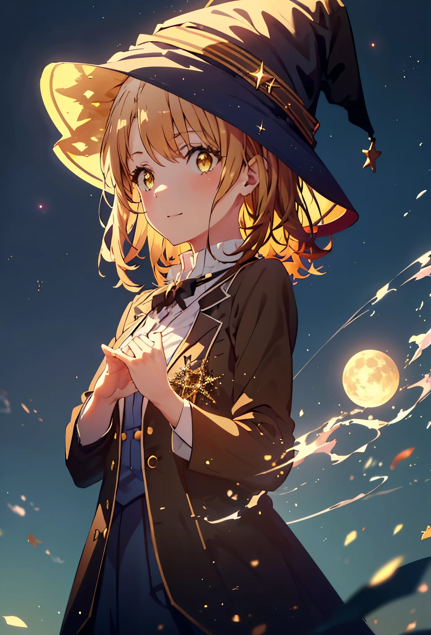 Irohaisshiki, isshiki iroha, short hair, Brown Hair, (Brown eyes:1.5), smile,((Night Sky)),((Big full moon)),((Sparkling and colorful stars)),Fluffy hair,((Idol style costume with soft volume)),Long skirt,((gorgeous wizard hat)),((witch)),(magic wand with a jewel on the tip),Explosive Flame,
break outdoors, forest,forest
break looking at viewer,Upper Body,
break (masterpiece:1.2), Highest quality, High resolution, unity 8k wallpaper, (shape:0.8), (Narrow and beautiful eyes:1.6), Highly detailed face, Perfect lighting, Extremely detailed CG, (Perfect hands, Perfect Anatomy),