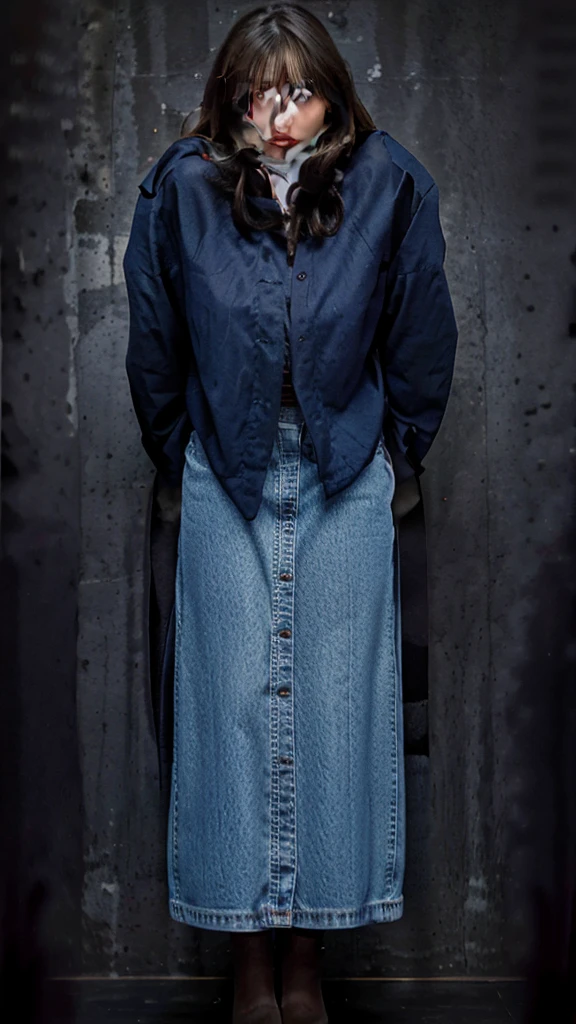 full body potrait of french woman, blue eyes, dark brown hairs, wearing dark blue denim, perfect clothes, symmetrical clothes, realistic face,