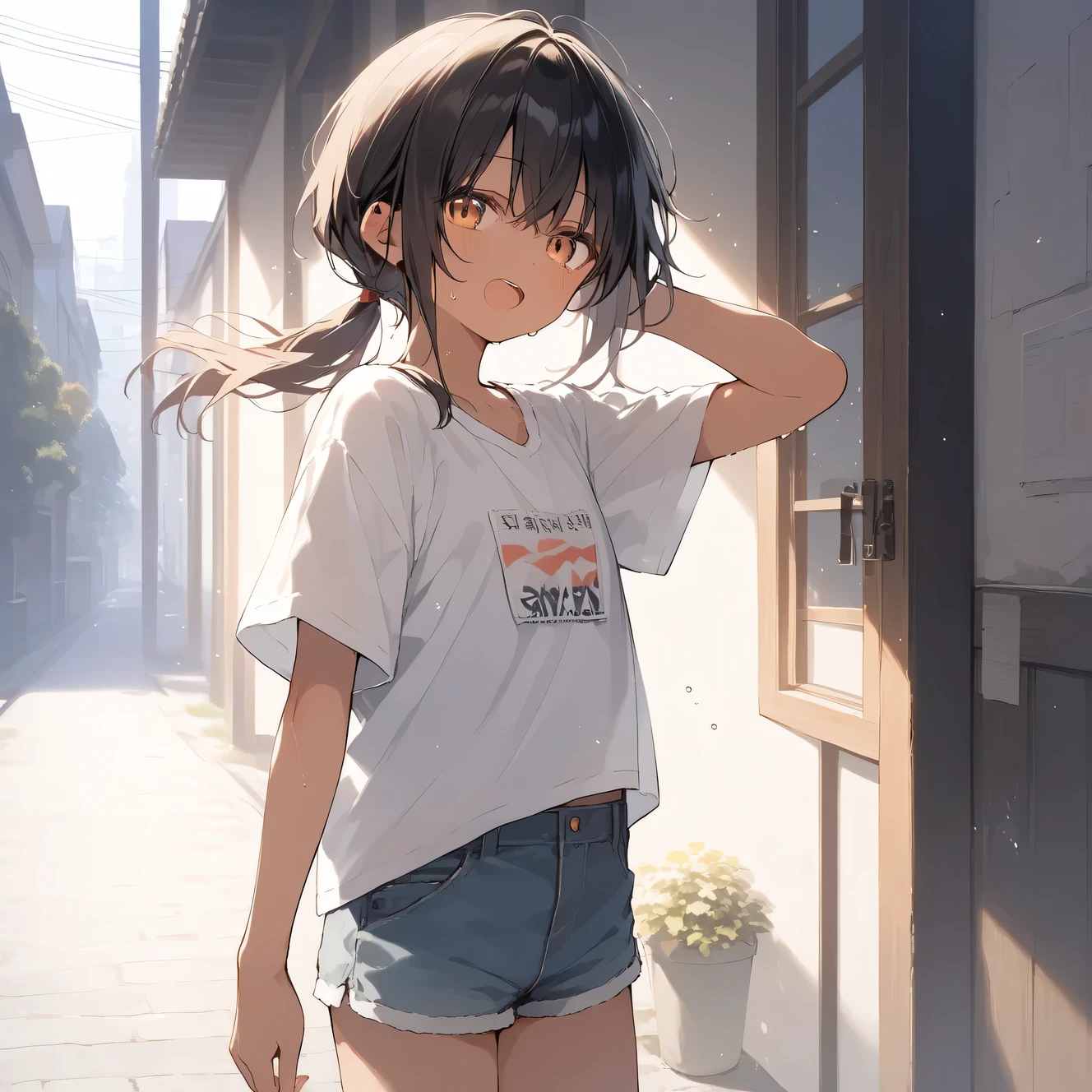 score_9, score_8_up, score_7_up, source_anime, best quality, masterpiece, official art, absurdres, highres, ultra-detailed,waifu2x,Collection: Slice of Life,break,1girl, tomboy, dark-skinned female, short hair, low ponytail, flat chest, beautiful detailed eyes, short shorts, sweat, open mouth, (yawn:0.3), sleepily, outdoors, wind, break,(clear line illustration:1.2),very high resolution, very aesthetic, super detailed skin, Best sexual lighting powered by famous artist, 8k,cute picture,beauty illustration,photoshop_(medium),,(Detailed Lighting),best anime 8k konachan wallpaper, pixiv contest winner, 