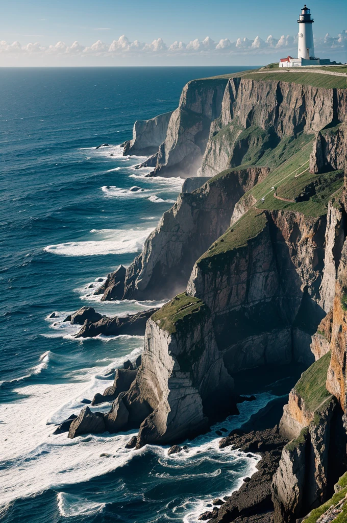 Dramatic cliffs, that extend out into the wild sea, crowned by a lighthouse, who bravely fights against the wind and the waves.