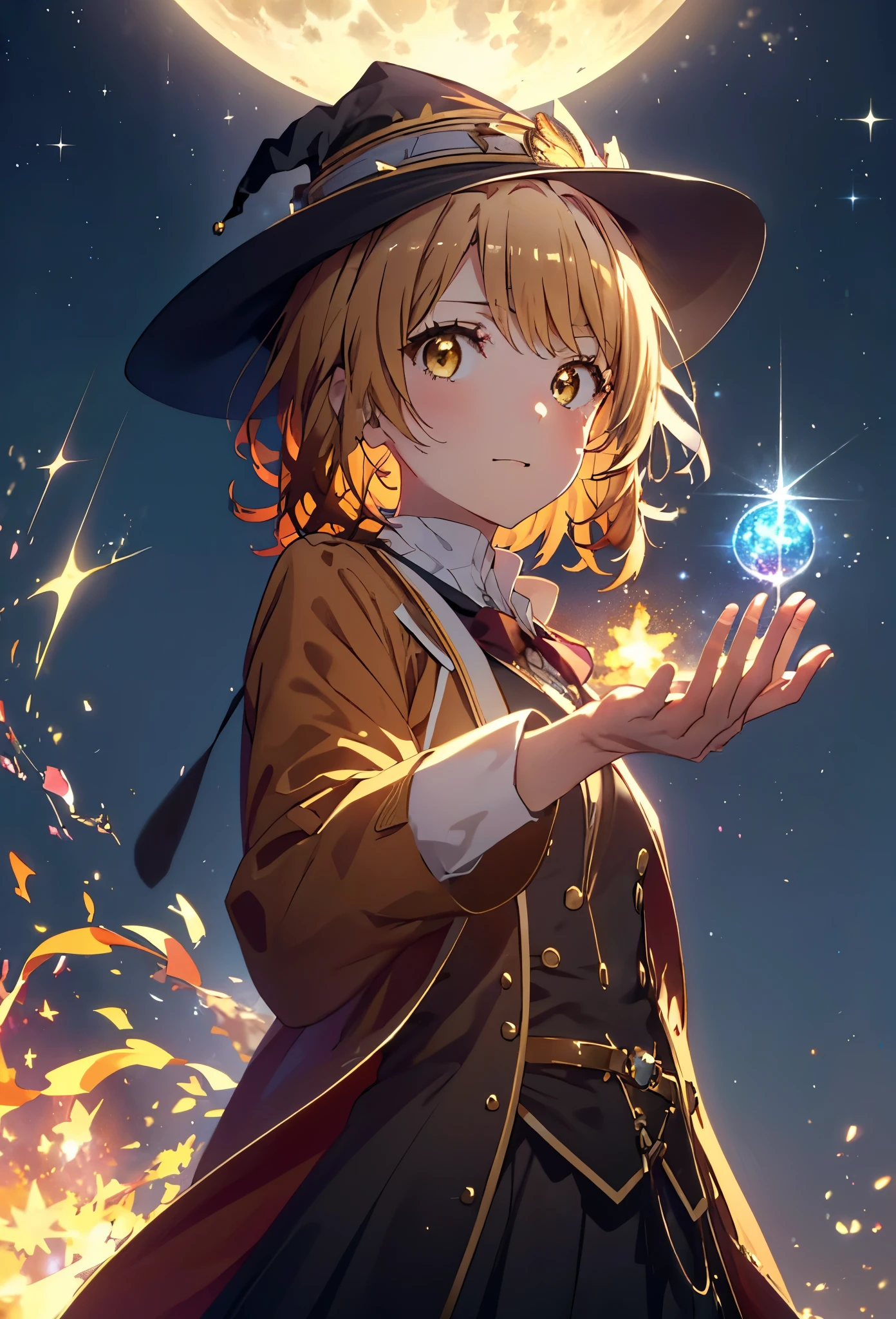 Irohaisshiki, isshiki iroha, short hair, Brown Hair, (Brown eyes:1.5), smile,((Night Sky)),((Big full moon)),((Sparkling and colorful stars)),Fluffy hair,((Idol style costume with soft volume)),Long skirt,((gorgeous wizard hat)),((witch)),(magic wand with a jewel on the tip),Explosive Flame,
break outdoors, forest,forest
break looking at viewer,Upper Body,
break (masterpiece:1.2), Highest quality, High resolution, unity 8k wallpaper, (shape:0.8), (Narrow and beautiful eyes:1.6), Highly detailed face, Perfect lighting, Extremely detailed CG, (Perfect hands, Perfect Anatomy),