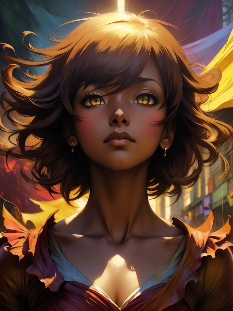 ((Solo Beautiful Carribean woman with dark skin and striking eyes)), shadowed interior background, art by akihiko yoshida, manga art style, colorfield illustration, scary atmosphere, global illumination, by frank frazetta, art by goro fujita, glamor shot, banner, blur, anime key visual, (blue, yellow and gray colors), photorealistic dramatic anime girl, intricately detailed, chiaroscuro, pino daeni, impressionist (best quality, masterpiece)