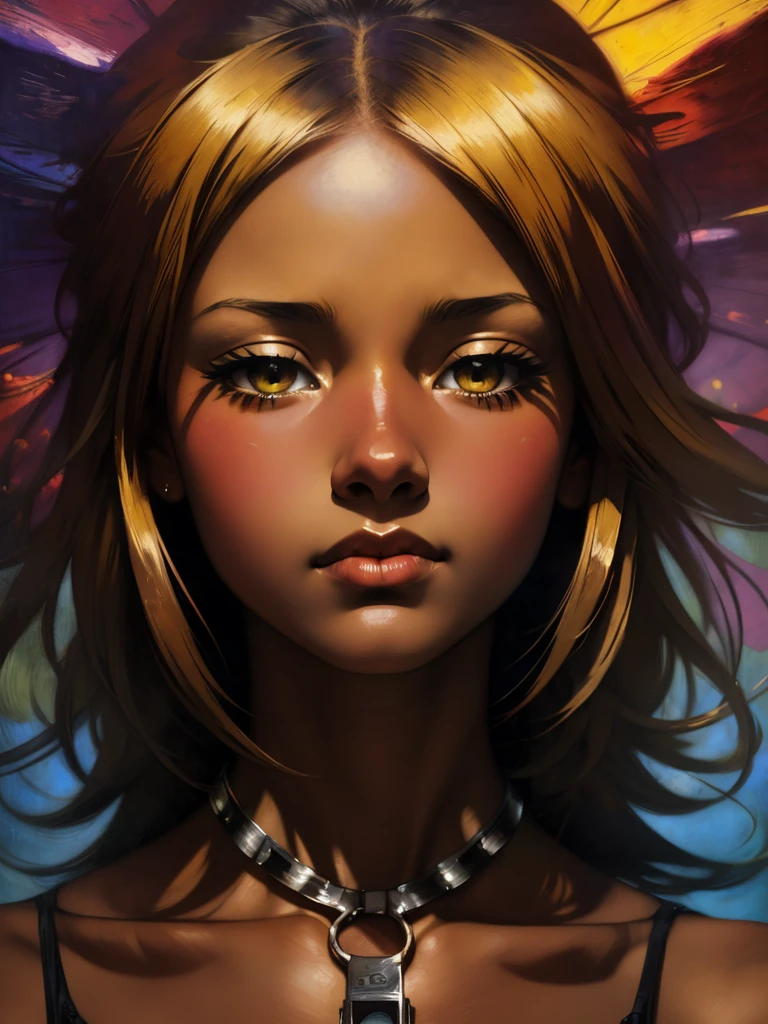 ((Solo Beautiful Carribean woman with dark skin and striking eyes)), shadowed interior background, art by akihiko yoshida, manga art style, colorfield illustration, scary atmosphere, global illumination, by frank frazetta, art by goro fujita, glamor shot, banner, blur, anime key visual, (blue, yellow and gray colors), photorealistic dramatic anime girl, intricately detailed, chiaroscuro, pino daeni, impressionist (best quality, masterpiece)