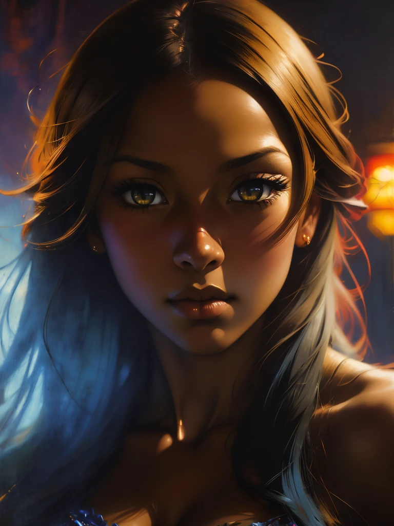 ((Solo Beautiful Carribean woman with dark skin and striking eyes)),  shadowed interior background, art by akihiko yoshida, manga art style, colorfield illustration, scary atmosphere, global illumination, by frank frazetta, art by goro fujita, glamor shot, banner, blur, anime key visual, (blue, yellow and gray colors), photorealistic dramatic anime girl, intricately detailed, chiaroscuro, pino daeni, impressionist (best quality, masterpiece)