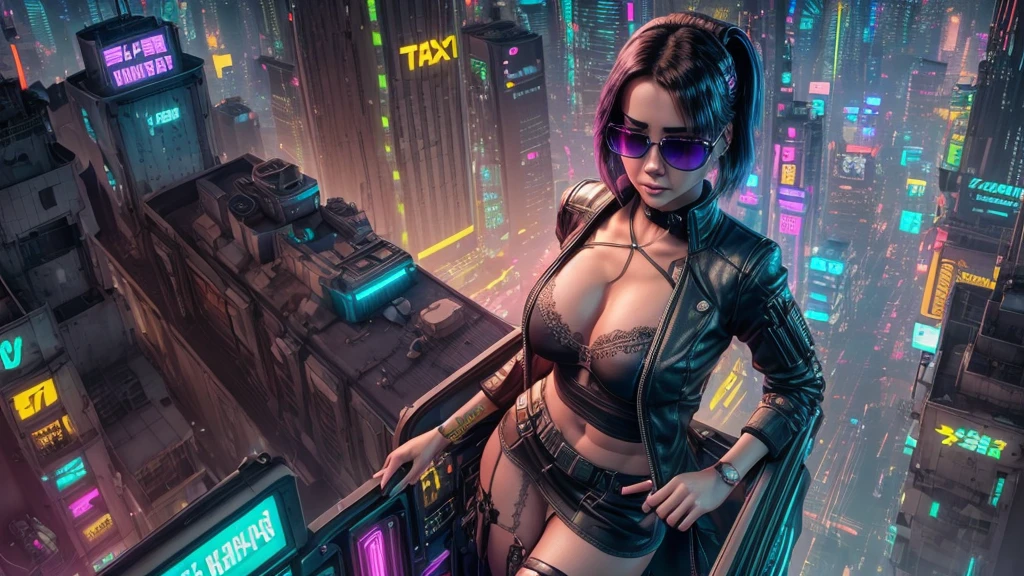 (((1woman, solo))), rainbow light, 3d neon art of a woman's body, cyberpunk femme fatale, seductive cyberpunk dark fantasy, cyberpunk 20 y. o large-breast:1.4 model girl, (((with black miniskirt and white lace panty, with matrix style black micro sunglasses))), oppai cyberpunk, banner, high definition cgsociety, cgsociety masterpiece, trending on cgstation, kda, (((((aerial view))))) image of neon-noir cyberpunk city in the background. 