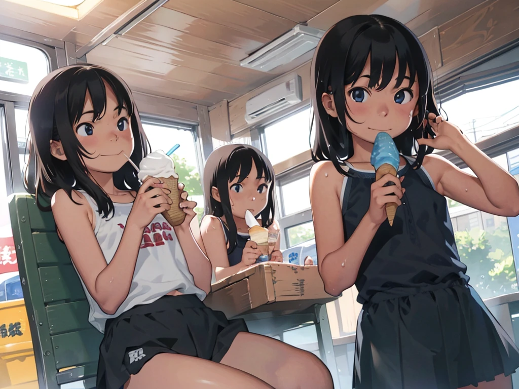 3 Girls、、Ocean、Sandy Beach、Summer sun、School Swimsuit、slender、Detailed face、Detailed Hair、Clear skin、Looking at this、Whole body composition、Shot from below、Wet body、Chewing ice cream、Eating ice cream、The ice cream is melting、Ice cream is dripping,smile、胸にアイスクリームがついている