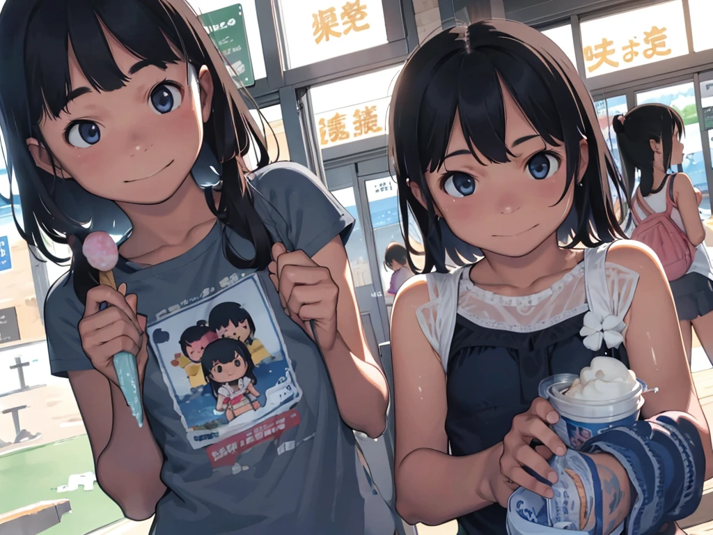 3 Girls、12 years old、Ocean、Sandy Beach、Summer sun、School Swimsuit、slender、Detailed face、Detailed Hair、Clear skin、Looking at this、Whole body composition、Shot from below、Wet body、Chewing ice cream、Eating ice cream、The ice cream is melting、Ice cream is dripping,smile、胸にアイスクリームがついている