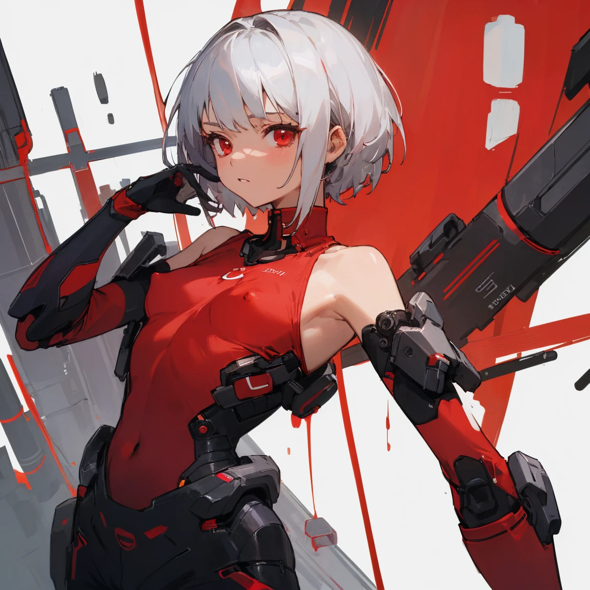 ((Highest quality)), ((masterpiece)), (Become familiar with), 1 girl, alone, Silver Hair,Brown Skin,Red eyes,Long trousers,Red sleeveless,((Red Shirt)),Clothes with a visible back, thin,thin,short hair,Small breasts, Erect nipples, gloves, cyber punk,sf