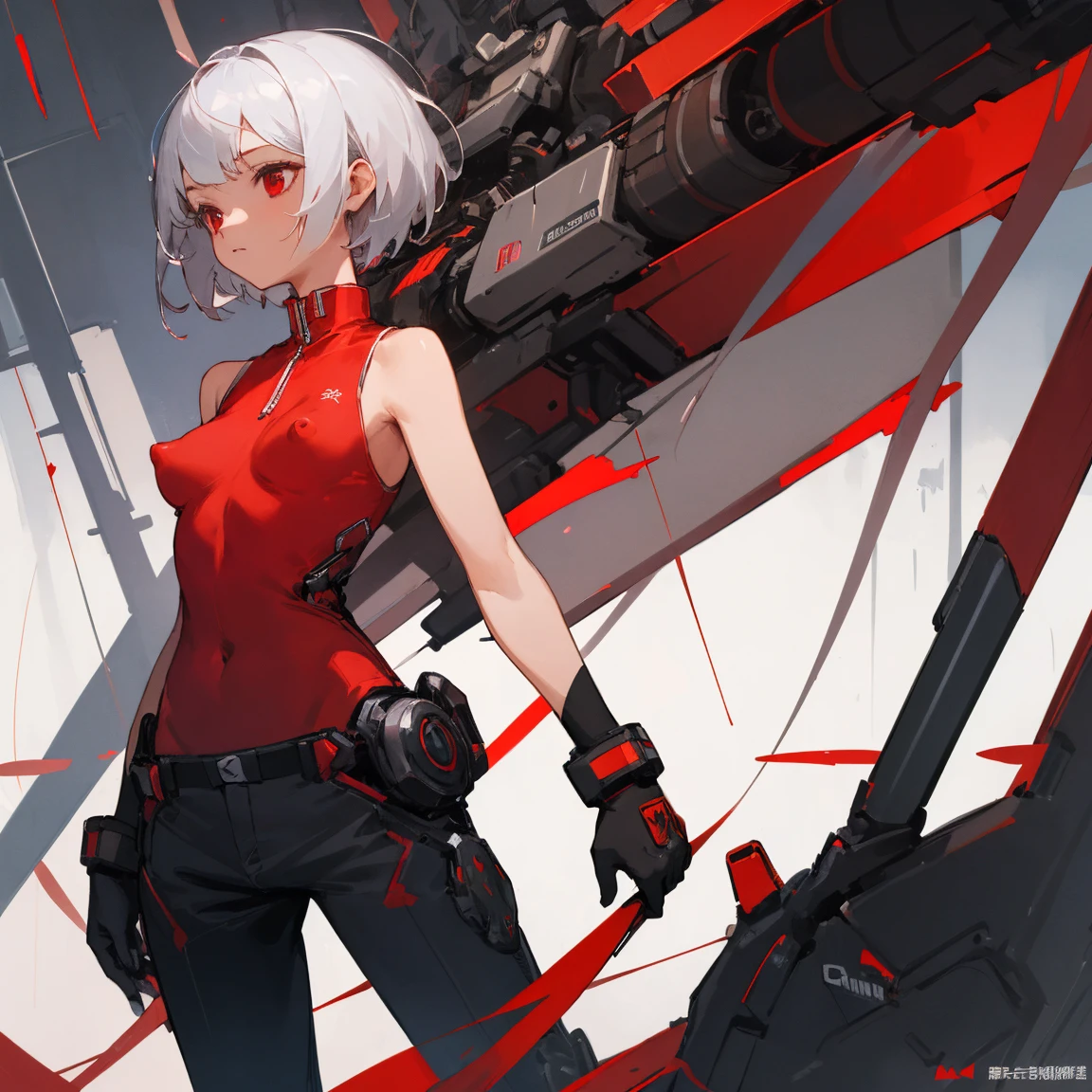 ((Highest quality)), ((masterpiece)), (Become familiar with), 1 girl, alone, Silver Hair,Brown Skin,Red eyes,Long trousers,Red sleeveless,((Red Shirt)),Clothes with a visible back, thin,thin,short hair,Small breasts, Erect nipples, gloves, cyber punk,sf