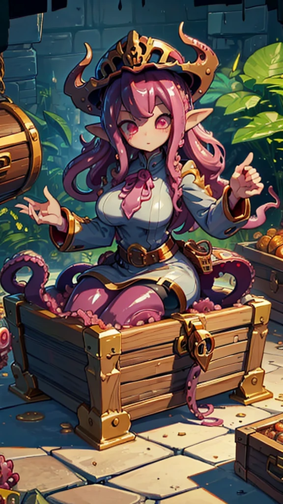 Treasure Box Monster女孩，Fantasy style background，Dungeon Background，The lower body is a box的女孩，Close-up above the waist，Upper body close-up，full身材，full体态，Big breasts，Big breasts，cute，full，Girl with a treasure chest in her lower body，Tentacles，Tentacles，Tentacles，Tentacles，Tentacles头发，装满Tentacles的宝箱，Dungeon Background，Pink skin，粉色Tentacles头发，Pink Hair，Gummy，Mucus质感头发，Slime textured hair，Slime texture body，Pink body，Pink body，Pink skin，Pink complexion，Dungeon Background，装满Tentacles的宝箱，Tentacles怪宝箱，Treasure Box Monster，Treasure Box Monster女孩，The lower body is a treasure chest，Treasure Chest Lower Body，Put the lower body in the treasure chest，The lower body is a box，Treasure Box Monster，Treasure Box Monster，Treasure Box Monster，Treasure Box Monster，Girl in a treasure chest，下半身Girl in a treasure chest，Tentacles，Tentacles，Tentacles怪，Tentacles头发，Mucus，Tentacles头发