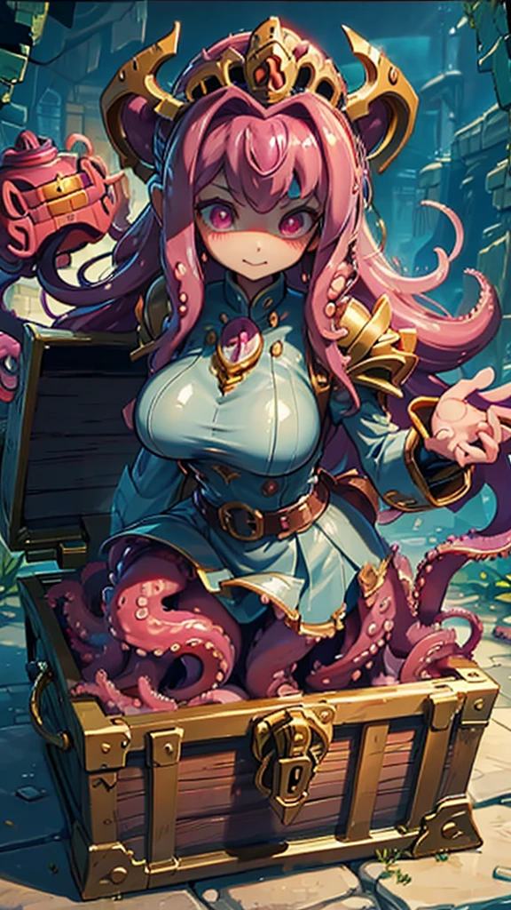 Treasure Box Monster女孩，Fantasy style background，Dungeon Background，The lower body is a box的女孩，Close-up above the waist，Upper body close-up，full身材，full体态，Big breasts，Big breasts，cute，full，Girl with a treasure chest in her lower body，Tentacles，Tentacles，Tentacles，Tentacles，Tentacles头发，装满Tentacles的宝箱，Dungeon Background，Pink skin，粉色Tentacles头发，Pink Hair，Gummy，Mucus质感头发，Slime textured hair，Slime texture body，Pink body，Pink body，Pink skin，Pink complexion，Dungeon Background，装满Tentacles的宝箱，Tentacles怪宝箱，Treasure Box Monster，Treasure Box Monster女孩，The lower body is a treasure chest，Treasure Chest Lower Body，Put the lower body in the treasure chest，The lower body is a box，Treasure Box Monster，Treasure Box Monster，Treasure Box Monster，Treasure Box Monster，Girl in a treasure chest，下半身Girl in a treasure chest，Tentacles，Tentacles，Tentacles怪，Tentacles头发，Mucus，Tentacles头发