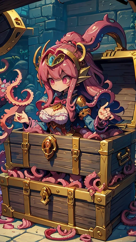 Treasure Box Monster女孩，Fantasy style background，Dungeon Background，The lower body is a box的女孩，Close-up above the waist，Upper body close-up，full身材，full体态，Big breasts，Big breasts，cute，full，Girl with a treasure chest in her lower body，Tentacles，Tentacles，Tentacles，Tentacles，Tentacles头发，装满Tentacles的宝箱，Dungeon Background，Pink skin，粉色Tentacles头发，Pink Hair，Gummy，Mucus质感头发，Slime textured hair，Slime texture body，Pink body，Pink body，Pink skin，Pink complexion，Dungeon Background，装满Tentacles的宝箱，Tentacles怪宝箱，Treasure Box Monster，Treasure Box Monster女孩，The lower body is a treasure chest，Treasure Chest Lower Body，Put the lower body in the treasure chest，The lower body is a box，Treasure Box Monster，Treasure Box Monster，Treasure Box Monster，Treasure Box Monster，Girl in a treasure chest，下半身Girl in a treasure chest，Tentacles，Tentacles，Tentacles怪，Tentacles头发，Mucus，Tentacles头发