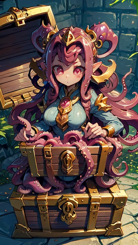 Treasure Box Monster女孩，Fantasy style background，Dungeon Background，The lower body is a box的女孩，Close-up above the waist，Upper body close-up，full身材，full体态，Big breasts，Big breasts，cute，full，Girl with a treasure chest in her lower body，Tentacles，Tentacles，Tentacles，Tentacles，Tentacles头发，装满Tentacles的宝箱，Dungeon Background，Pink skin，粉色Tentacles头发，Pink Hair，Gummy，Mucus质感头发，Slime textured hair，Slime texture body，Pink body，Pink body，Pink skin，Pink complexion，Dungeon Background，装满Tentacles的宝箱，Tentacles怪宝箱，Treasure Box Monster，Treasure Box Monster女孩，The lower body is a treasure chest，Treasure Chest Lower Body，Put the lower body in the treasure chest，The lower body is a box，Treasure Box Monster，Treasure Box Monster，Treasure Box Monster，Treasure Box Monster，Girl in a treasure chest，下半身Girl in a treasure chest，Tentacles，Tentacles，Tentacles怪，Tentacles头发，Mucus，Tentacles头发