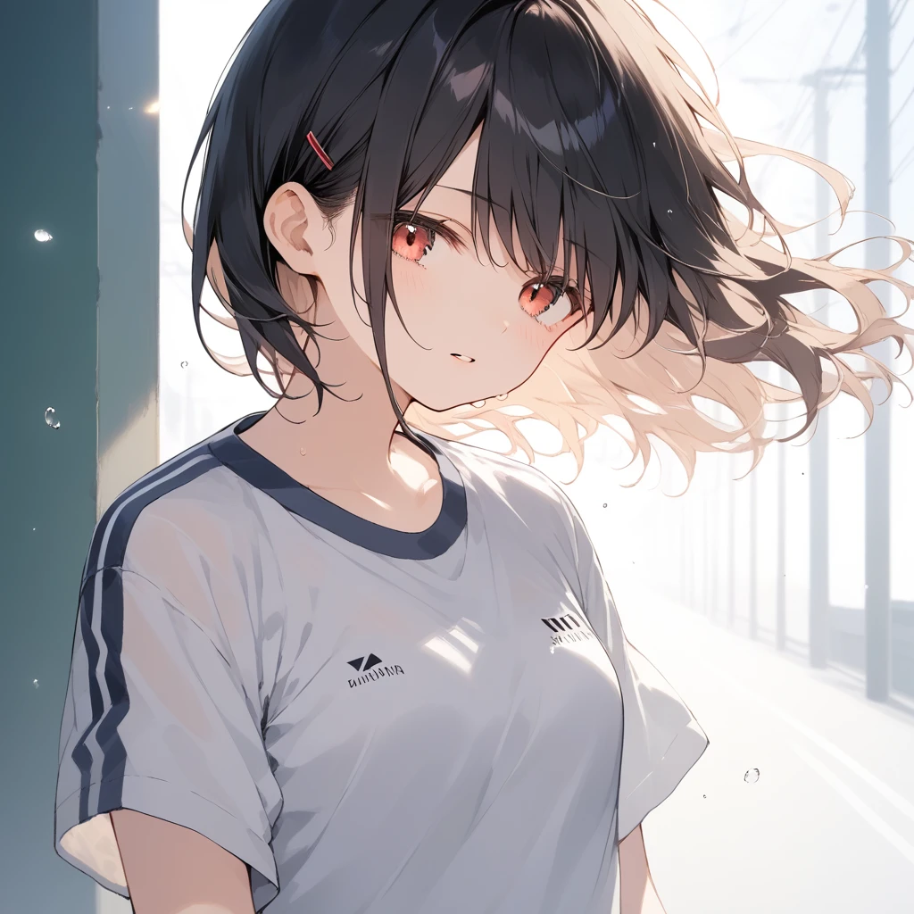 score_9, score_8_up, score_7_up, source_anime, best quality, masterpiece, official art, absurdres, highres, ultra-detailed,waifu2x,Collection: Slice of Life,break,1girl, -yeld, st hair, black hair, small breasts, beautiful detailed eyes, well-proportioned iris and pupils, parted lips, beautiful detailed lips, gym uniform, byke shorts, sweat, expressionless, sleepily, School ground, outdoors, wind, break,(clear line illustration:1.2),very high resolution, very aesthetic, super detailed skin, Best cinematic lighting powered by famous artist, 8k, beauty illustration,photoshop_(medium),,(Detailed Lighting),best anime 8k konachan wallpaper, pixiv contest winner,