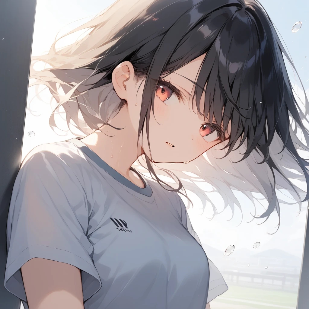 score_9, score_8_up, score_7_up, source_anime, best quality, masterpiece, official art, absurdres, highres, ultra-detailed,waifu2x,Collection: Slice of Life,break,1girl, 15-year-old, short hair, black hair, small breasts,  beautiful detailed eyes, well-proportioned iris and pupils, parted lips, beautiful detailed lips, gym uniform, byke shorts, sweat, expressionless, sleepily, School ground, outdoors, wind, break,(clear line illustration:1.2),very high resolution, very aesthetic, super detailed skin, Best cinematic lighting powered by famous artist, 8k, beauty illustration,photoshop_(medium),,(Detailed Lighting),best anime 8k konachan wallpaper, pixiv contest winner, 