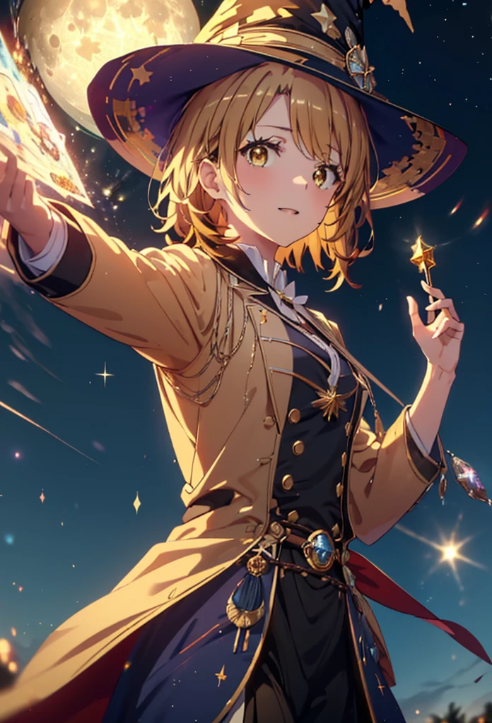 Irohaisshiki, isshiki iroha, short hair, Brown Hair, (Brown eyes:1.5), smile,((Night Sky)),((Big full moon)),((Sparkling and colorful stars)),Fluffy hair,((Idol style costume with soft volume)),Long skirt,((gorgeous wizard hat)),((witch)),(magic wand with a jewel on the tip),Explosive Flame,
break outdoors, forest,forest
break looking at viewer,Upper Body,
break (masterpiece:1.2), Highest quality, High resolution, unity 8k wallpaper, (shape:0.8), (Narrow and beautiful eyes:1.6), Highly detailed face, Perfect lighting, Extremely detailed CG, (Perfect hands, Perfect Anatomy),