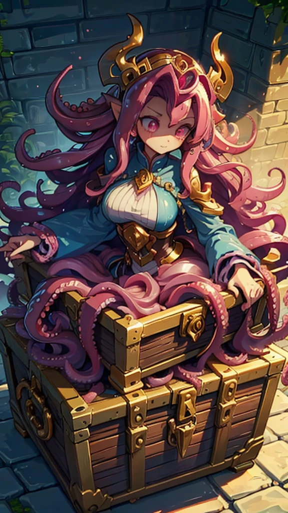 Treasure Box Monster女孩，Fantasy style background，Dungeon Background，The lower body is a box的女孩，Close-up above the waist，Upper body close-up，full身材，full体态，Big breasts，Big breasts，cute，full，Girl with a treasure chest in her lower body，Tentacles，Tentacles，Tentacles，Tentacles，Tentacles头发，装满Tentacles的宝箱，Dungeon Background，Pink skin，粉色Tentacles头发，Pink Hair，Gummy，Mucus质感头发，Slime textured hair，Slime texture body，Pink body，Pink body，Pink skin，Pink complexion，Dungeon Background，装满Tentacles的宝箱，Tentacles怪宝箱，Treasure Box Monster，Treasure Box Monster女孩，The lower body is a treasure chest，Treasure Chest Lower Body，Put the lower body in the treasure chest，The lower body is a box，Treasure Box Monster，Treasure Box Monster，Treasure Box Monster，Treasure Box Monster，Girl in a treasure chest，下半身Girl in a treasure chest，Tentacles，Tentacles，Tentacles怪，Tentacles头发，Mucus，Tentacles头发