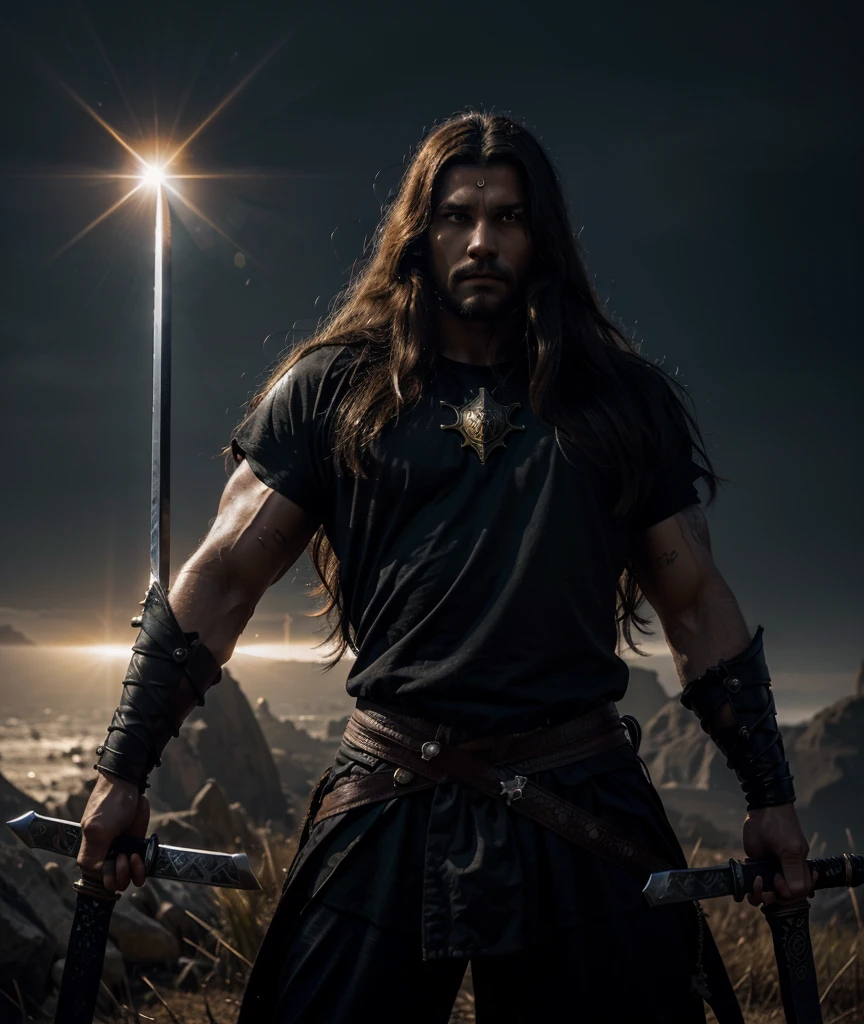 The god of the sun and darkness (posing holding a sword covered in an aura of darkness and the sun with long hair Tough guy with a big sword