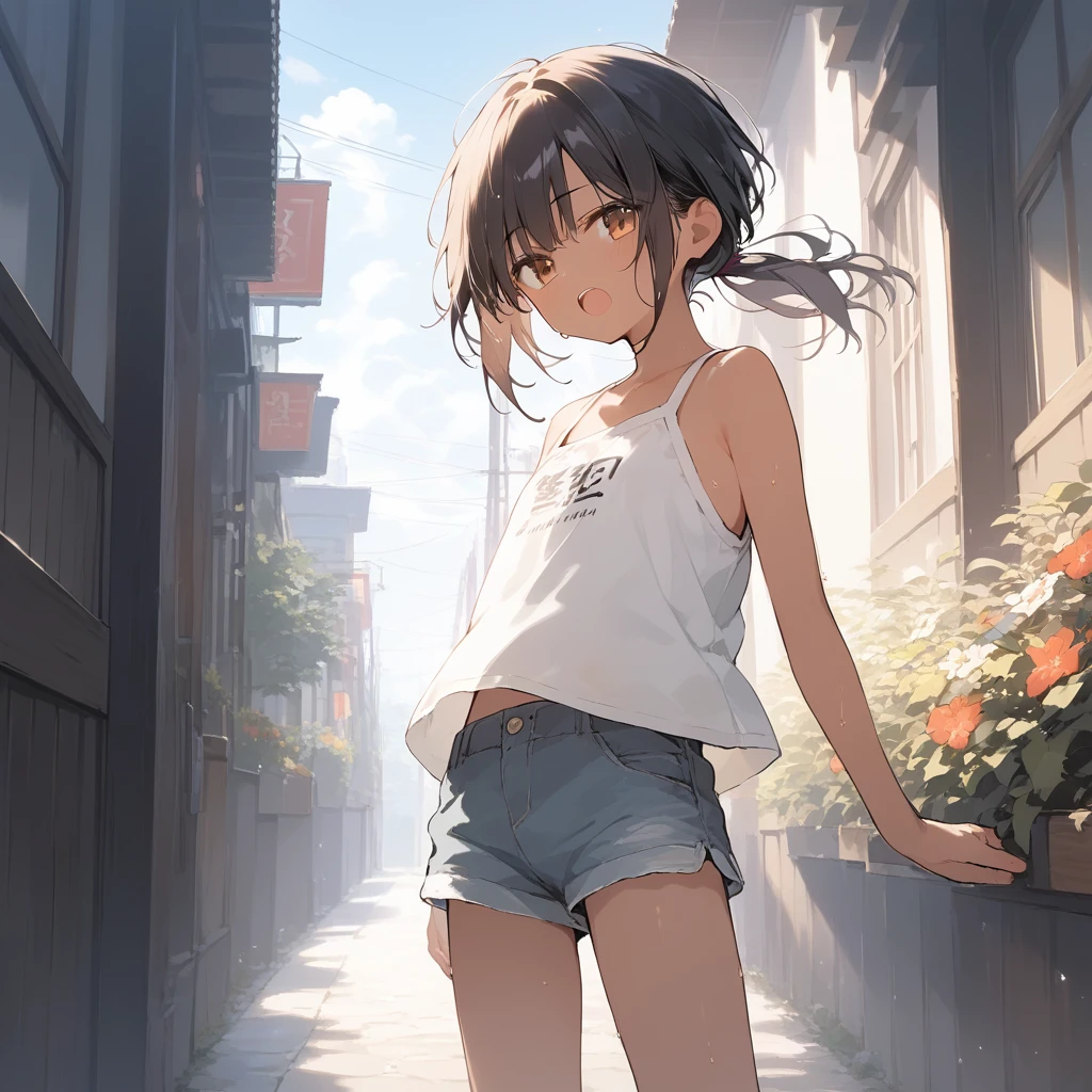 score_9, score_8_up, score_7_up, source_anime, best quality, masterpiece, official art, absurdres, highres, ultra-detailed,waifu2x,Collection: Slice of Life,break,1girl, tomboy, dark-skinned female, short hair, low ponytail, flat chest, beautiful detailed eyes, short shorts, sweat, open mouth, (yawn:0.3), sleepily, outdoors, wind, break,(clear line illustration:1.2),very high resolution, very aesthetic, super detailed skin, Best sexual lighting powered by famous artist, 8k,cute picture,beauty illustration,photoshop_(medium),,(Detailed Lighting),best anime 8k konachan wallpaper, pixiv contest winner,