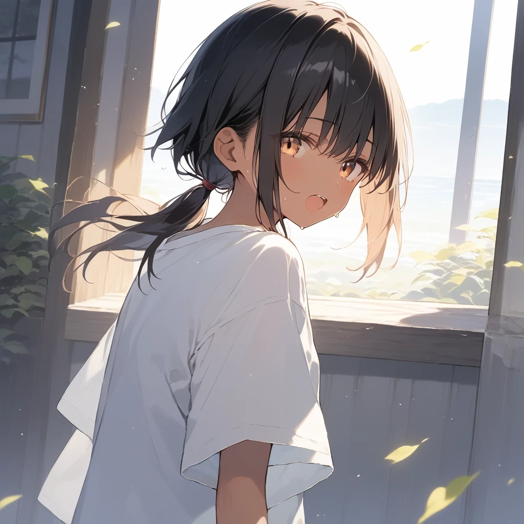 score_9, score_8_up, score_7_up, source_anime, best quality, masterpiece, official art, absurdres, highres, ultra-detailed,waifu2x,Collection: Slice of Life,break,1girl, tomboy, dark-skinned female, short hair, low ponytail, flat chest, beautiful detailed eyes, short shorts, sweat, open mouth, (yawn:0.3), sleepily, outdoors, wind, break,(clear line illustration:1.2),very high resolution, very aesthetic, super detailed skin, Best sexual lighting powered by famous artist, 8k,cute picture,beauty illustration,photoshop_(medium),,(Detailed Lighting),best anime 8k konachan wallpaper, pixiv contest winner, 