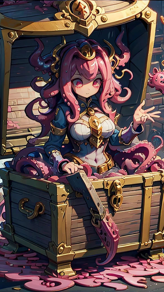 Treasure Box Monster女孩，Fantasy style background，Dungeon Background，The lower body is a box的女孩，Close-up above the waist，Upper body close-up，full身材，full体态，Big breasts，Big breasts，cute，full，Girl with a treasure chest in her lower body，Tentacles，Tentacles，Tentacles，Tentacles，Tentacles头发，装满Tentacles的宝箱，Dungeon Background，Pink skin，粉色Tentacles头发，Pink Hair，Gummy，Mucus质感头发，Slime textured hair，Slime texture body，Pink body，Pink body，Pink skin，Pink complexion，Dungeon Background，装满Tentacles的宝箱，Tentacles怪宝箱，Treasure Box Monster，Treasure Box Monster女孩，The lower body is a treasure chest，Treasure Chest Lower Body，Put the lower body in the treasure chest，The lower body is a box，Treasure Box Monster，Treasure Box Monster，Treasure Box Monster，Treasure Box Monster，Girl in a treasure chest，下半身Girl in a treasure chest，Tentacles，Tentacles，Tentacles怪，Tentacles头发，Mucus，Tentacles头发