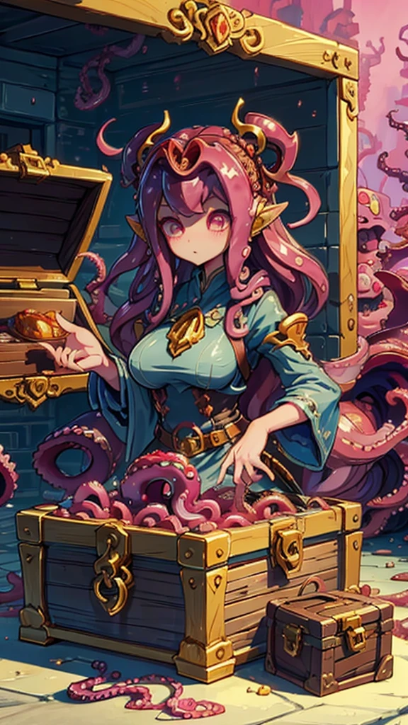 Treasure Box Monster女孩，Fantasy style background，Dungeon Background，The lower body is a box的女孩，Close-up above the waist，Upper body close-up，full身材，full体态，Big breasts，Big breasts，cute，full，Girl with a treasure chest in her lower body，Tentacles，Tentacles，Tentacles，Tentacles，Tentacles头发，装满Tentacles的宝箱，Dungeon Background，Pink skin，粉色Tentacles头发，Pink Hair，Gummy，Mucus质感头发，Slime textured hair，Slime texture body，Pink body，Pink body，Pink skin，Pink complexion，Dungeon Background，装满Tentacles的宝箱，Tentacles怪宝箱，Treasure Box Monster，Treasure Box Monster女孩，The lower body is a treasure chest，Treasure Chest Lower Body，Put the lower body in the treasure chest，The lower body is a box，Treasure Box Monster，Treasure Box Monster，Treasure Box Monster，Treasure Box Monster，Girl in a treasure chest，下半身Girl in a treasure chest，Tentacles，Tentacles，Tentacles怪，Tentacles头发，Mucus，Tentacles头发