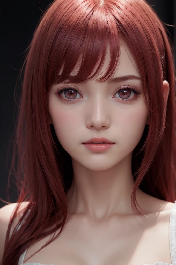 1girl, star eye, blush, perfect illumination, red hair, red eyes, unreal engine, sidelighting, detailed face, bangs, bright skin, simple background, dark background, 