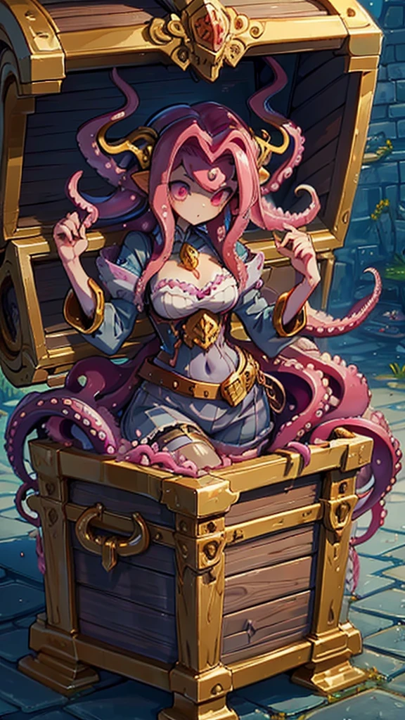 Treasure Box Monster女孩，Fantasy style background，Dungeon Background，The lower body is a box的女孩，Close-up above the waist，Upper body close-up，full身材，full体态，Big breasts，Big breasts，cute，full，Girl with a treasure chest in her lower body，Tentacles，Tentacles，Tentacles，Tentacles，Tentacles头发，装满Tentacles的宝箱，Dungeon Background，Pink skin，粉色Tentacles头发，Pink Hair，Gummy，Mucus质感头发，Slime textured hair，Slime texture body，Pink body，Pink body，Pink skin，Pink complexion，Dungeon Background，装满Tentacles的宝箱，Tentacles怪宝箱，Treasure Box Monster，Treasure Box Monster女孩，The lower body is a treasure chest，Treasure Chest Lower Body，Put the lower body in the treasure chest，The lower body is a box，Treasure Box Monster，Treasure Box Monster，Treasure Box Monster，Treasure Box Monster，Girl in a treasure chest，下半身Girl in a treasure chest，Tentacles，Tentacles，Tentacles怪，Tentacles头发，Mucus，Tentacles头发