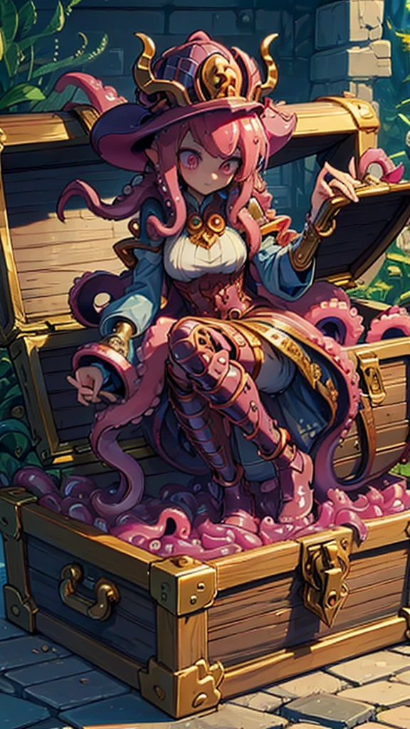 Treasure Box Monster女孩，Fantasy style background，Dungeon Background，The lower body is a box的女孩，Close-up above the waist，Upper body close-up，full身材，full体态，Big breasts，Big breasts，cute，full，Girl with a treasure chest in her lower body，Tentacles，Tentacles，Tentacles，Tentacles，Tentacles头发，装满Tentacles的宝箱，Dungeon Background，Pink skin，粉色Tentacles头发，Pink Hair，Gummy，Mucus质感头发，Slime textured hair，Slime texture body，Pink body，Pink body，Pink skin，Pink complexion，Dungeon Background，装满Tentacles的宝箱，Tentacles怪宝箱，Treasure Box Monster，Treasure Box Monster女孩，The lower body is a treasure chest，Treasure Chest Lower Body，Put the lower body in the treasure chest，The lower body is a box，Treasure Box Monster，Treasure Box Monster，Treasure Box Monster，Treasure Box Monster，Girl in a treasure chest，下半身Girl in a treasure chest，Tentacles，Tentacles，Tentacles怪，Tentacles头发，Mucus，Tentacles头发