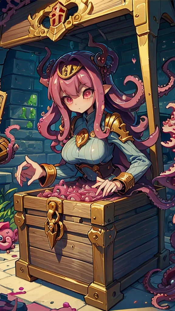 Treasure Box Monster女孩，Fantasy style background，Dungeon Background，The lower body is a box的女孩，Close-up above the waist，Upper body close-up，full身材，full体态，Big breasts，Big breasts，cute，full，Girl with a treasure chest in her lower body，Tentacles，Tentacles，Tentacles，Tentacles，Tentacles头发，装满Tentacles的宝箱，Dungeon Background，Pink skin，粉色Tentacles头发，Pink Hair，Gummy，Mucus质感头发，Slime textured hair，Slime texture body，Pink body，Pink body，Pink skin，Pink complexion，Dungeon Background，装满Tentacles的宝箱，Tentacles怪宝箱，Treasure Box Monster，Treasure Box Monster女孩，The lower body is a treasure chest，Treasure Chest Lower Body，Put the lower body in the treasure chest，The lower body is a box，Treasure Box Monster，Treasure Box Monster，Treasure Box Monster，Treasure Box Monster，Girl in a treasure chest，下半身Girl in a treasure chest，Tentacles，Tentacles，Tentacles怪，Tentacles头发，Mucus，Tentacles头发