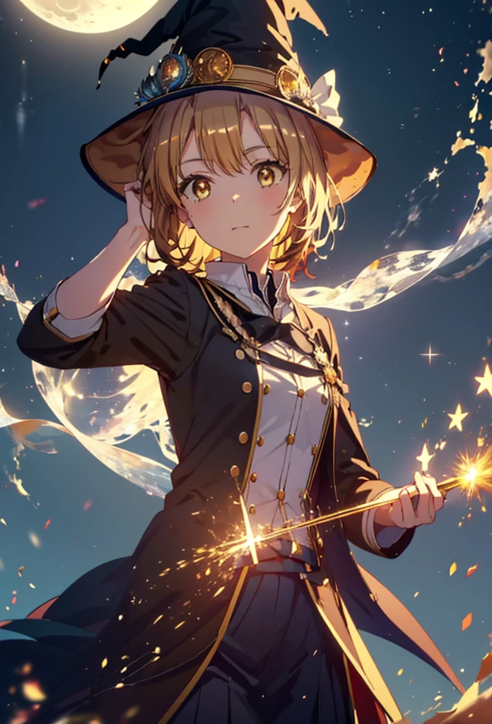 Irohaisshiki, isshiki iroha, short hair, Brown Hair, (Brown eyes:1.5), smile,((Night Sky)),((Big full moon)),((Sparkling and colorful stars)),Fluffy hair,((Idol style costume with soft volume)),Long skirt,((gorgeous wizard hat)),((witch)),(magic wand with a jewel on the tip),Explosive Flame,
break outdoors, forest,forest
break looking at viewer,Upper Body,
break (masterpiece:1.2), Highest quality, High resolution, unity 8k wallpaper, (shape:0.8), (Narrow and beautiful eyes:1.6), Highly detailed face, Perfect lighting, Extremely detailed CG, (Perfect hands, Perfect Anatomy),