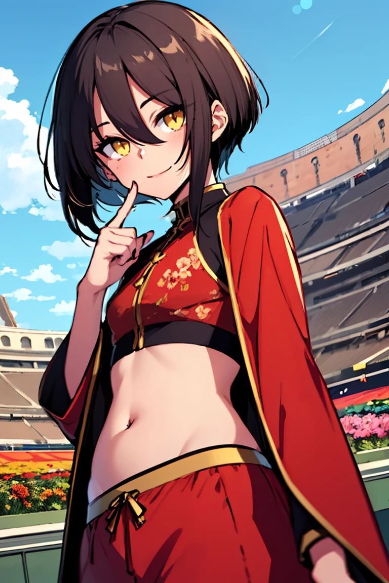 (masterpiece, best quality:1.2), (hui xiyi1boy, hair between eyes, bangs, exposed abdomen, belly button:1.2), short hair, solo, yellow eyes, chinese clothes, rekkyo sensen,forehead,short eyebrow, red clothes, black underwear, hand up, index finger raised, background((sky, blue sky, colosseum, stage, flower, flower garden))