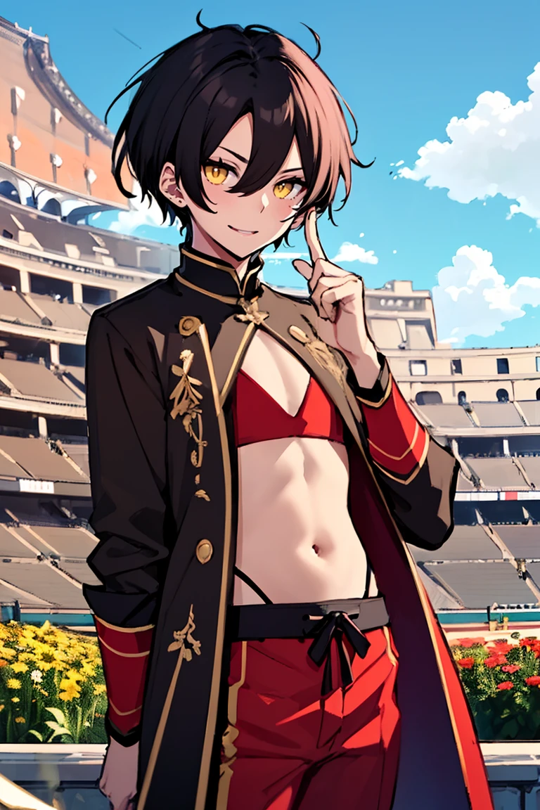 (masterpiece, best quality:1.2), (hui xiyi1boy, hair between eyes, bangs, exposed abdomen, belly button:1.2), short hair, solo, yellow eyes, chinese clothes, rekkyo sensen,forehead,short eyebrow, red clothes, black underwear, hand up, index finger raised, background((sky, blue sky, colosseum, stage, flower, flower garden))